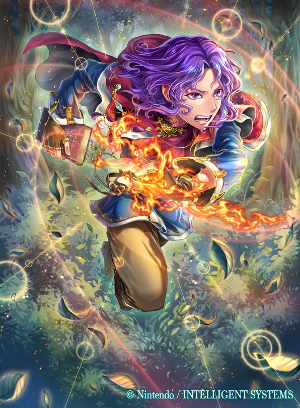 1boy book cape copyright_name curly_hair erk_(fire_emblem) fingerless_gloves fire fire_emblem fire_emblem:_the_blazing_blade fire_emblem_cipher gloves kazura_enji leaf male_focus nintendo official_art open_mouth purple_eyes purple_hair solo sparkle teeth tree