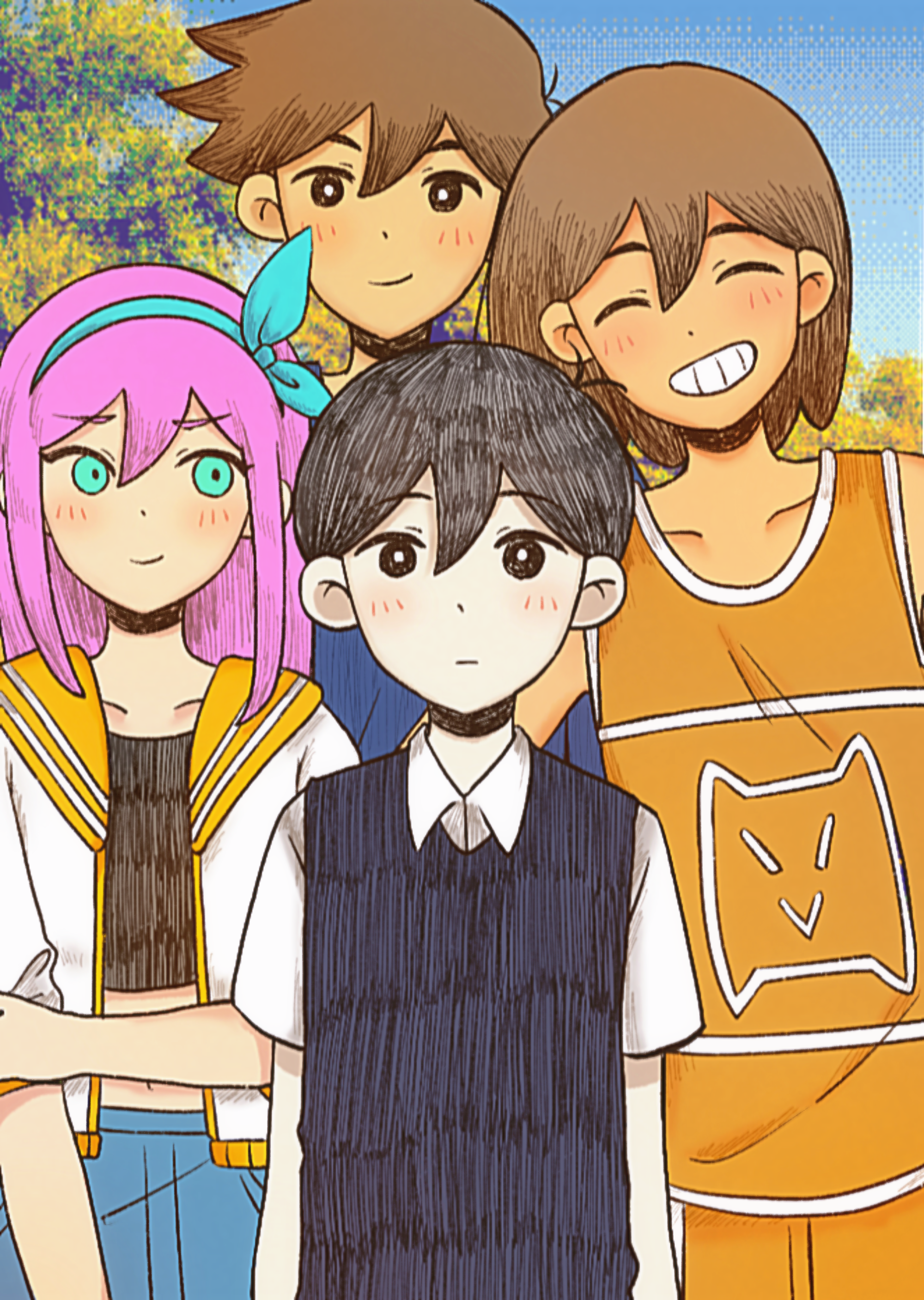 1girl 3boys absurdres antenna_hair aubrey_(faraway)_(omori) aubrey_(omori) bailan1130 black_eyes black_hair black_sweater_vest blue_eyes blue_hairband blue_skirt blue_sweater blush bright_pupils brothers brown_hair closed_eyes closed_mouth collarbone collared_shirt crop_top dark-skinned_male dark_skin day denim denim_skirt grin hairband hatching_(texture) hero_(faraway)_(omori) hero_(omori) highres jacket kel_(faraway)_(omori) kel_(omori) long_hair looking_at_viewer multiple_boys navel omocat_(style) omori outdoors parted_lips pink_hair shirt short_hair short_sleeves siblings skirt smile straight-on sunny_(omori) sweater sweater_vest teeth upper_body white_jacket white_pupils white_shirt