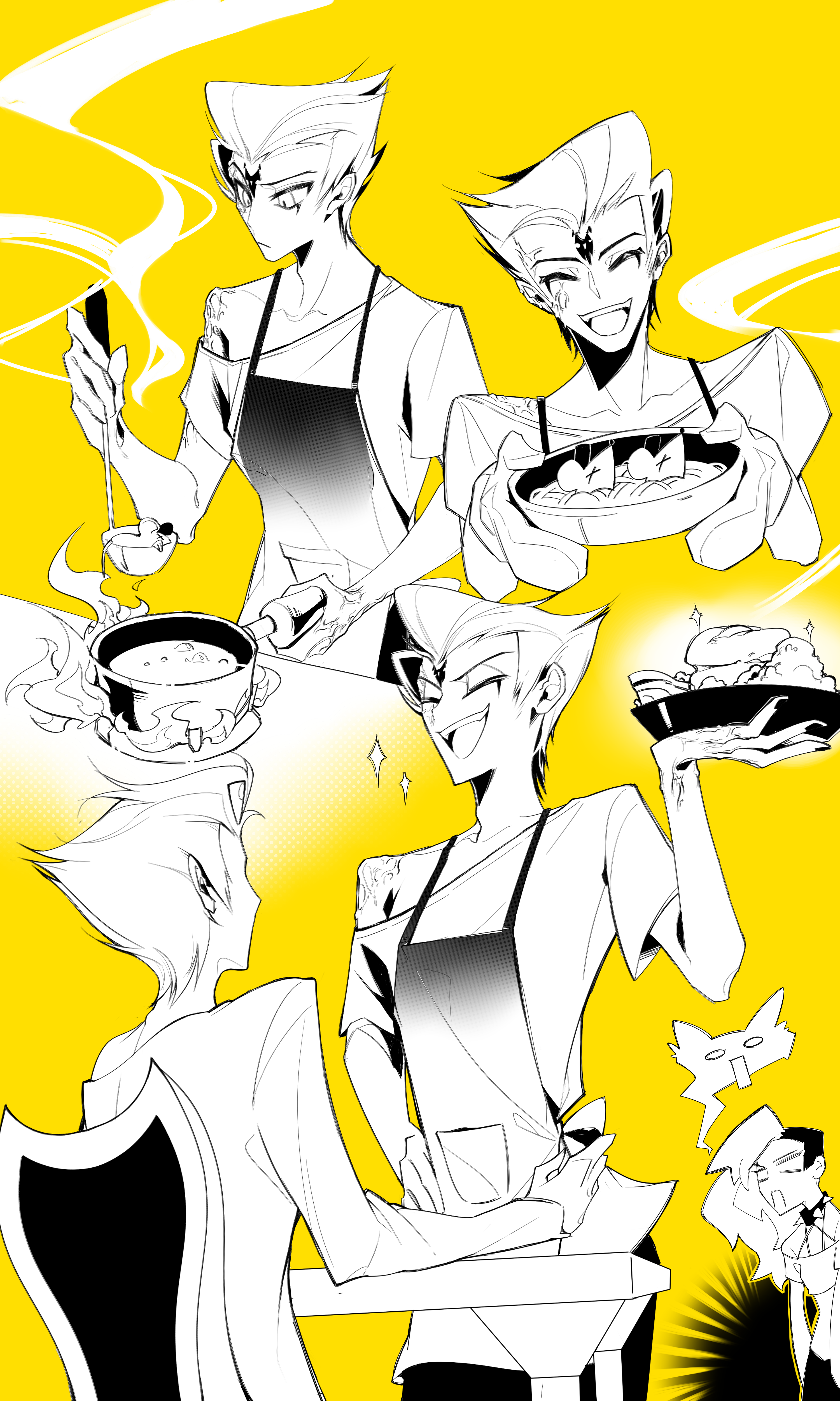 1girl 2boys absurdres apron blitzo_(helluva_boss) cooking food helluva_boss highres humanization looking_at_another loona_(helluva_boss) multiple_boys shirt sitting sparkle stolas_(helluva_boss) yellow_background zhu_xing_pupupu