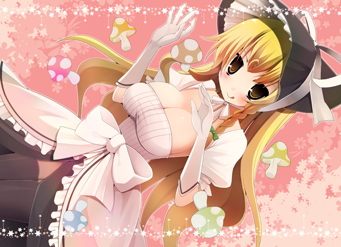 1girl :q alternate_costume alternate_hairstyle black_thighhighs blonde_hair blush bonnet braid breasts brown_eyes cleavage dutch_angle elbow_gloves female_focus gloves invincible_marisa kirisame_marisa kujiran large_breasts licking_lips long_hair mushroom new_super_marisa_land aged_up single_braid solo super_marisa_world thighhighs tongue tongue_out touhou very_long_hair white_gloves