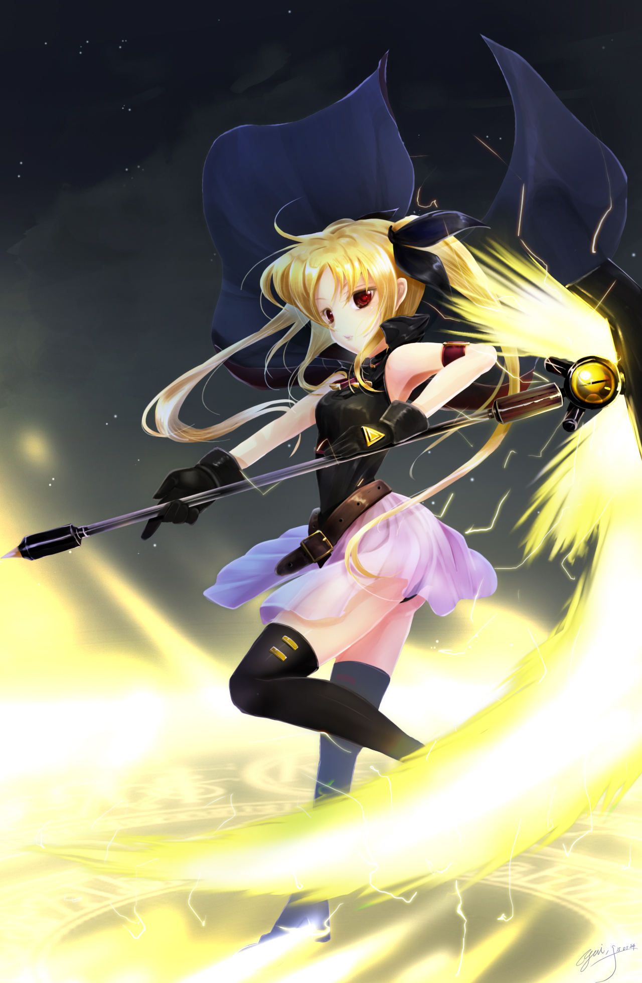 00s 1girl arm_strap armband armpits ass bardiche_(nanoha) bardiche_(scythe_form)_(nanoha) belt belt_skirt black_gloves black_thighhighs blonde_hair breasts cape dated electricity energy_weapon fate_testarossa fate_testarossa_(movie_1st_form) female_focus from_side full_body gloves glowing gradient_background hair_ribbon halterneck highres holding holding_weapon leg_lift leg_up leotard looking_at_viewer looking_back lyrical_nanoha magical_girl mahou_shoujo_lyrical_nanoha miniskirt night night_sky outdoors pleated_skirt polearm red_eyes ribbon runes scythe see-through_clothes showgirl_skirt signature skirt sky small_breasts solo staff standing standing_on_one_leg star_(sky) thighhighs turtleneck weapon wind wind_lift yuitsuki1206