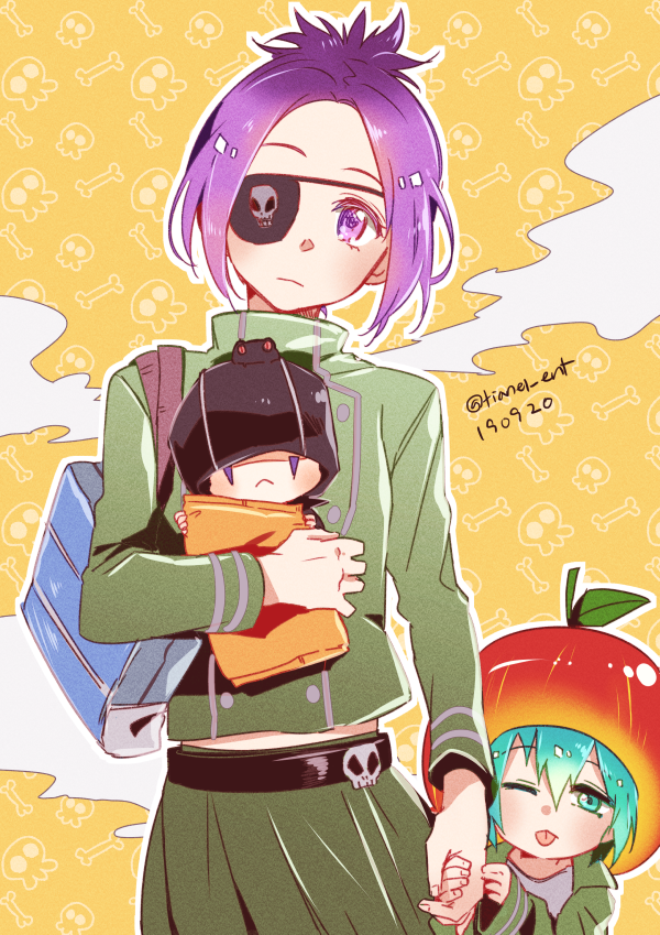 1girl 2boys :&lt; aqua_eyes aqua_hair bag child chrome_dokuro commentary_request dated eyepatch fran_(reborn) frown green_skirt hat hat_over_eyes holding holding_bag holding_hands katekyo_hitman_reborn! mammon_(reborn) multiple_boys one_eye_closed purple_eyes purple_hair short_hair skirt tianel_ent tongue tongue_out twitter_username