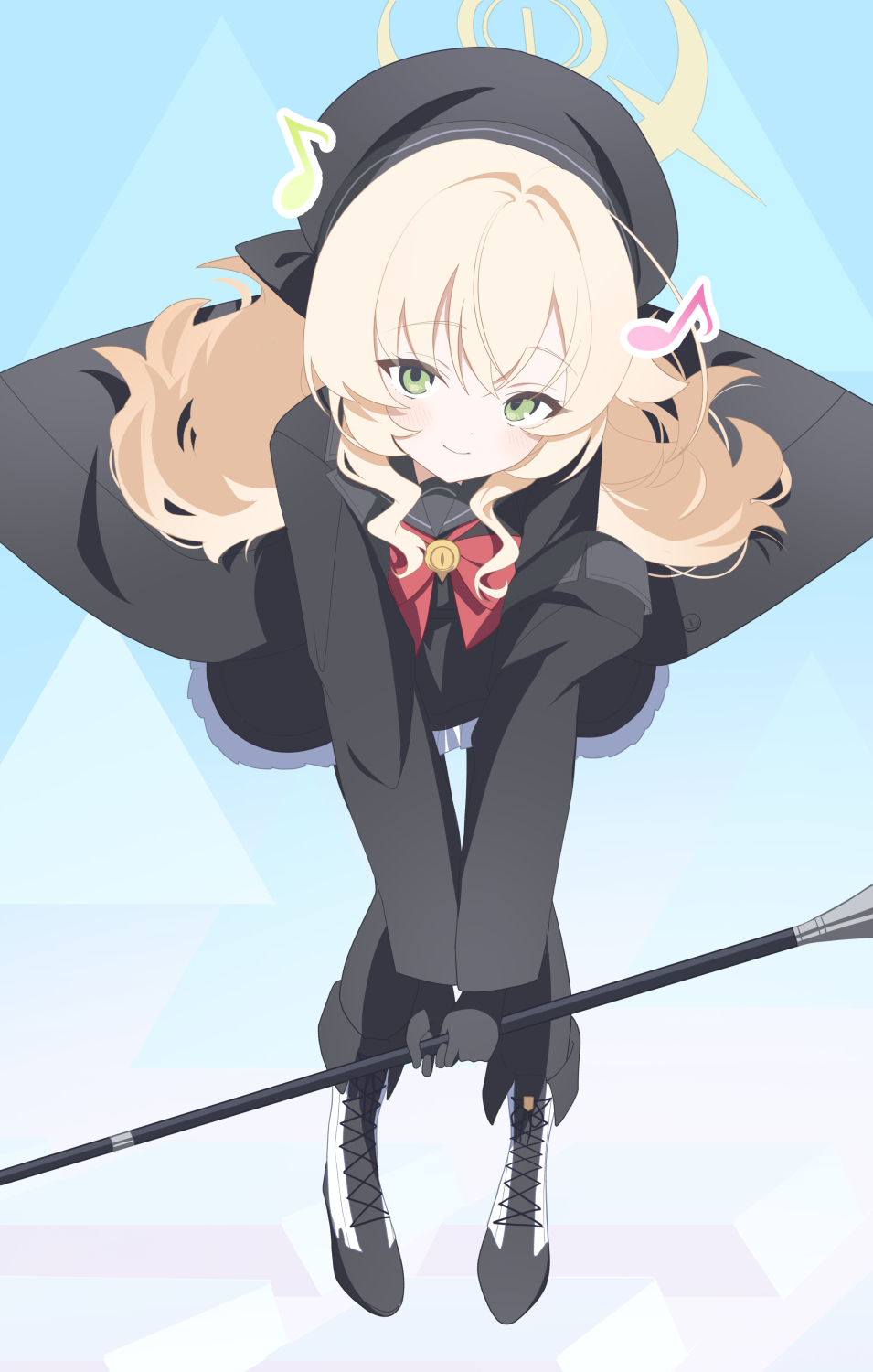 1girl beret black_coat black_footwear black_gloves black_hat black_sailor_collar black_skirt blonde_hair blue_archive blush bow bowtie cane coat cross-laced_footwear crossed_bangs frilled_skirt frills from_above gloves green_eyes halo hat highres holding holding_cane hugging_own_legs kaerunrun light_smile long_hair looking_at_viewer musical_note professor_niyaniya_(blue_archive) red_bow red_bowtie sailor_collar sidelocks skirt solo yellow_halo