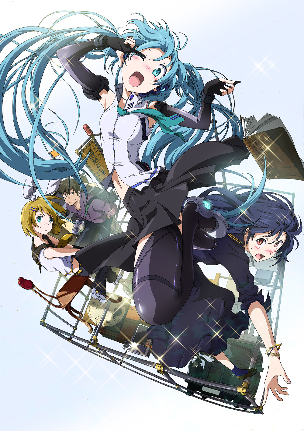 1boy 3girls aqua_eyes aqua_hair blonde_hair blue_hair blush bracelet bridal_gauntlets brown_eyes brown_hair car chair hair_ornament hair_ribbon hairclip hatsune_miku highres jewelry kagamine_rin long_hair motor_vehicle multiple_girls navel necktie one_eye_closed open_mouth ribbon shiika_sadamasa short_hair skirt thighhighs twintails very_long_hair vocaloid wink