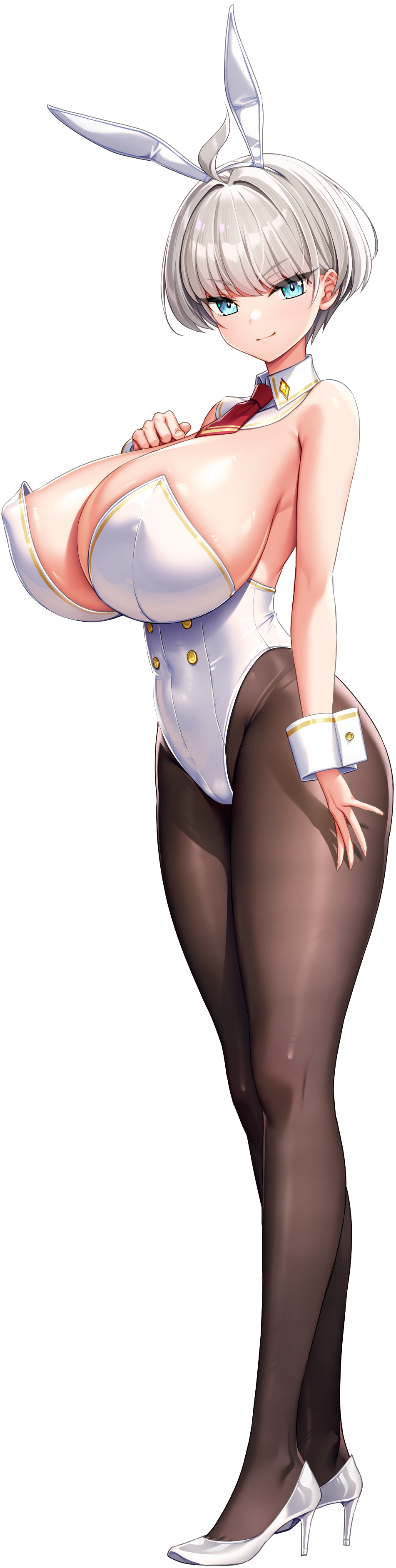 1girl absurdres ahoge animal_ear_hairband animal_ears arm_at_side blue_eyes breasts cleavage closed_mouth covered_navel derauea detached_collar fake_animal_ears game_cg grey_hair hair_intakes hairband hand_on_own_chest headband high_heels highleg highleg_leotard highres huge_breasts leotard light_blush looking_at_viewer miinya_prenavas8102 motto!_haramase!_honoo_no_oppai_isekai_oppai_bunny_gakuen! necktie non-web_source official_art pantyhose playboy_bunny rabbit_ear_hairband rabbit_ears red_necktie shoes short_hair smile smirk solo strapless strapless_leotard tachi-e transparent_background white_headband white_leotard white_shoes white_wrist_cuffs wrist_cuffs