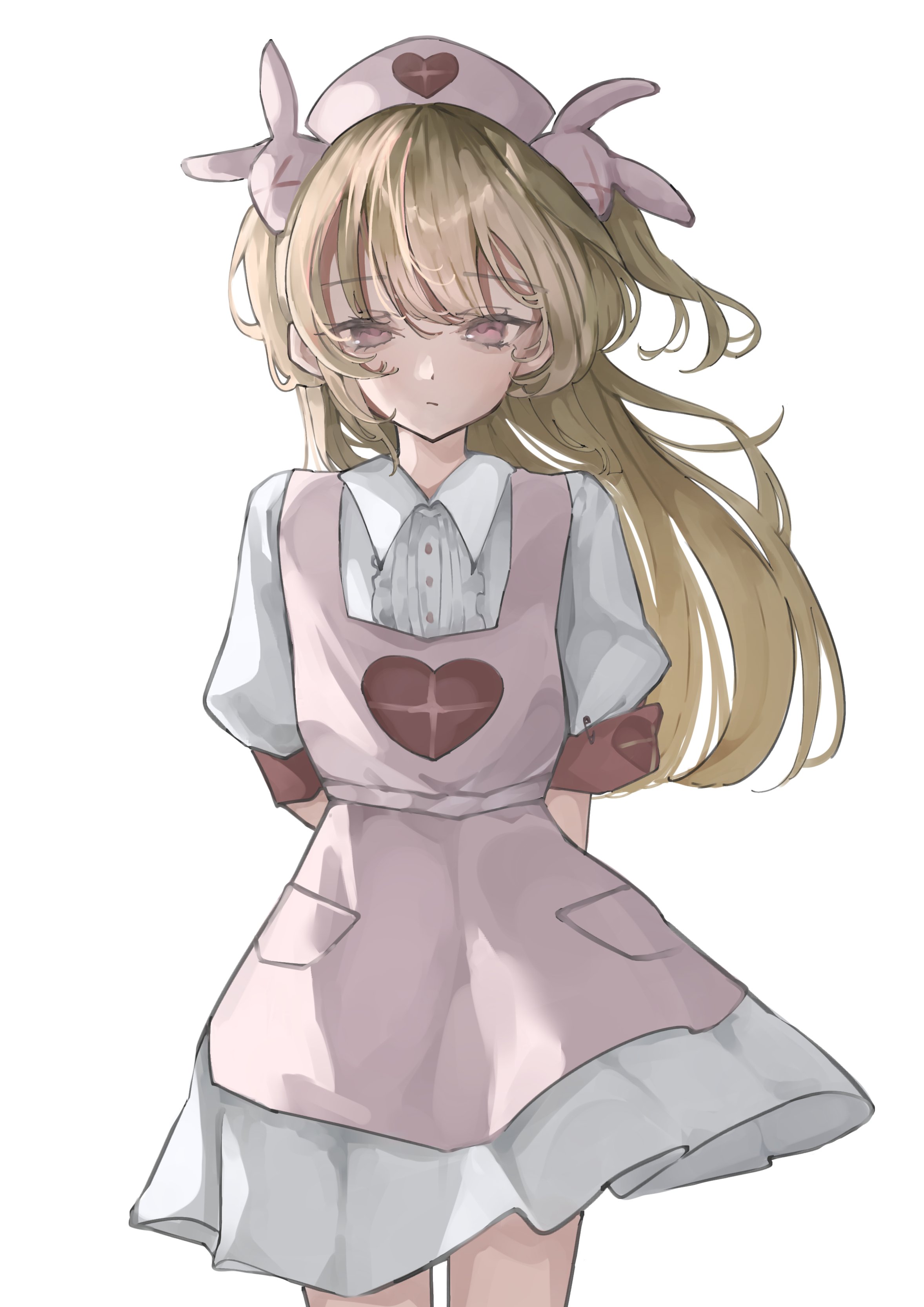 1girl absurdres apron armband blonde_hair closed_mouth commentary cowboy_shot hair_ornament hashtag-only_commentary hat heart heart_print highres kafune long_hair looking_at_viewer natori_sana natori_sana_(nurse) nurse_cap pink_apron pink_eyes pink_hat rabbit_hair_ornament red_armband sana_channel shirt short_sleeves simple_background solo virtual_youtuber white_background white_shirt