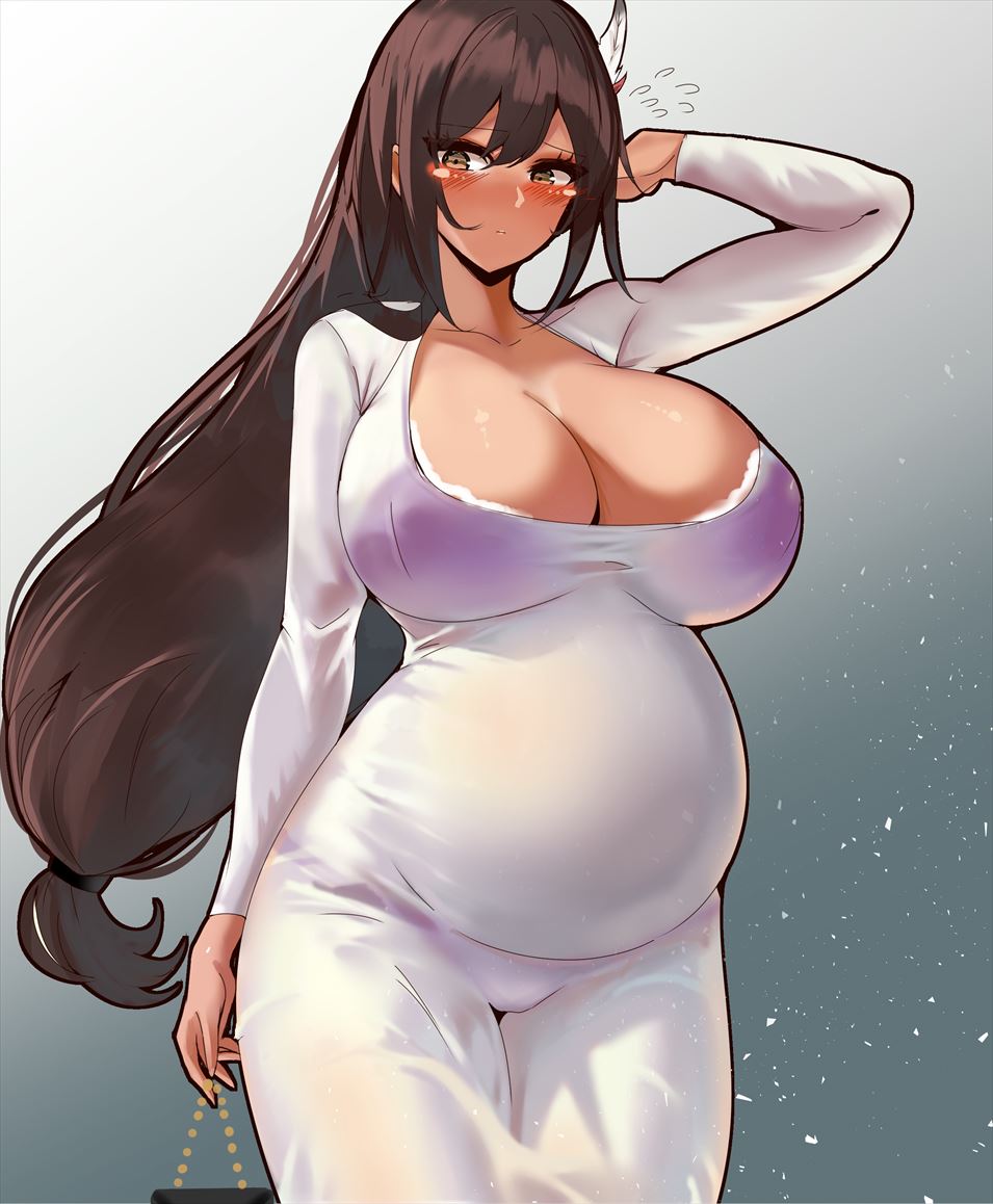 1girl arm_behind_head azur_lane blush bra breasts brown_hair cleavage collarbone dark_skin dongtan_dress dress embarrassed feather_hair_ornament feathers flying_sweatdrops hair_ornament huge_breasts long_hair long_sleeves low_ponytail meme_attire paundo2 ponytail pregnant purple_bra see-through_clothes see-through_dress solo south_dakota_(azur_lane) underwear white_dress