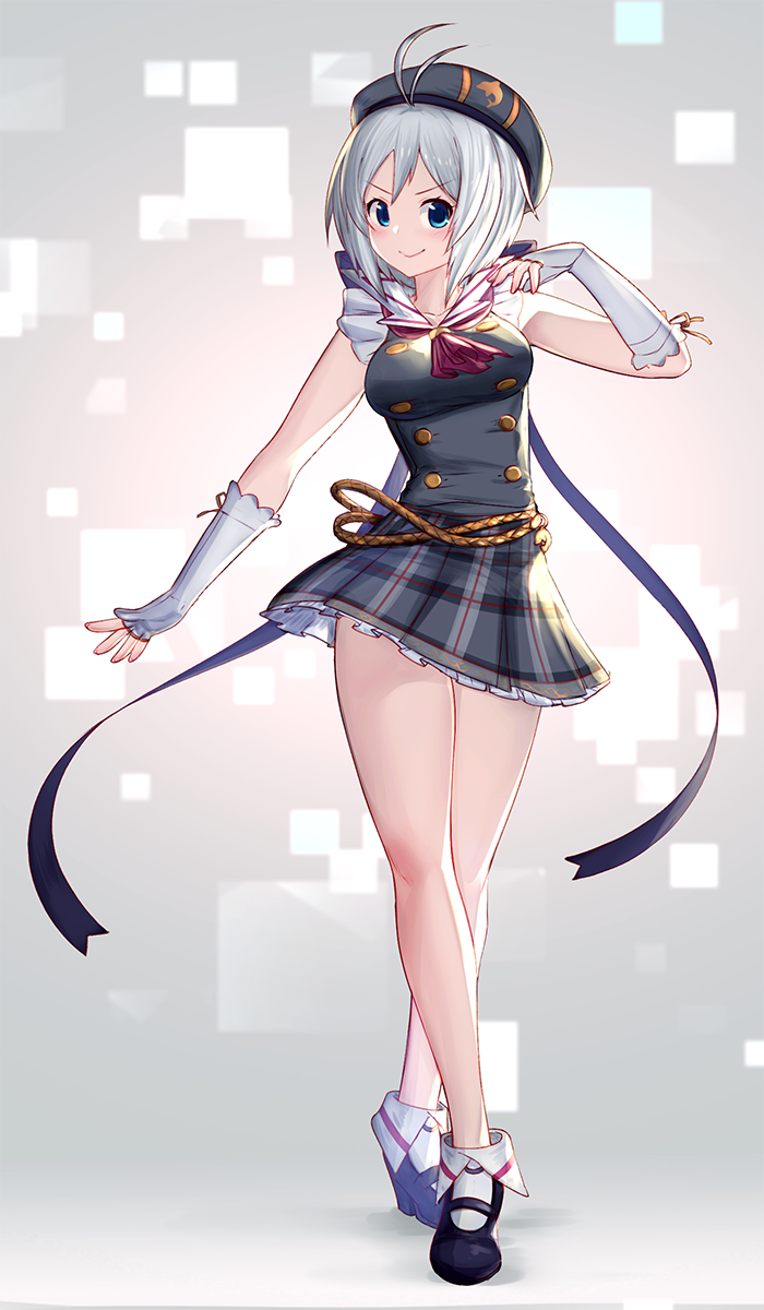 .live 1girl antenna_hair bare_legs black_hat black_skirt blue_eyes blush breasts closed_mouth dennou_shoujo_siro doyagao elbow_gloves female_focus fingerless_gloves full_body gloves hat highres iwahana large_breasts looking_at_viewer plaid_clothes plaid_skirt silver_hair skirt smile smug solo virtual_youtuber white_gloves