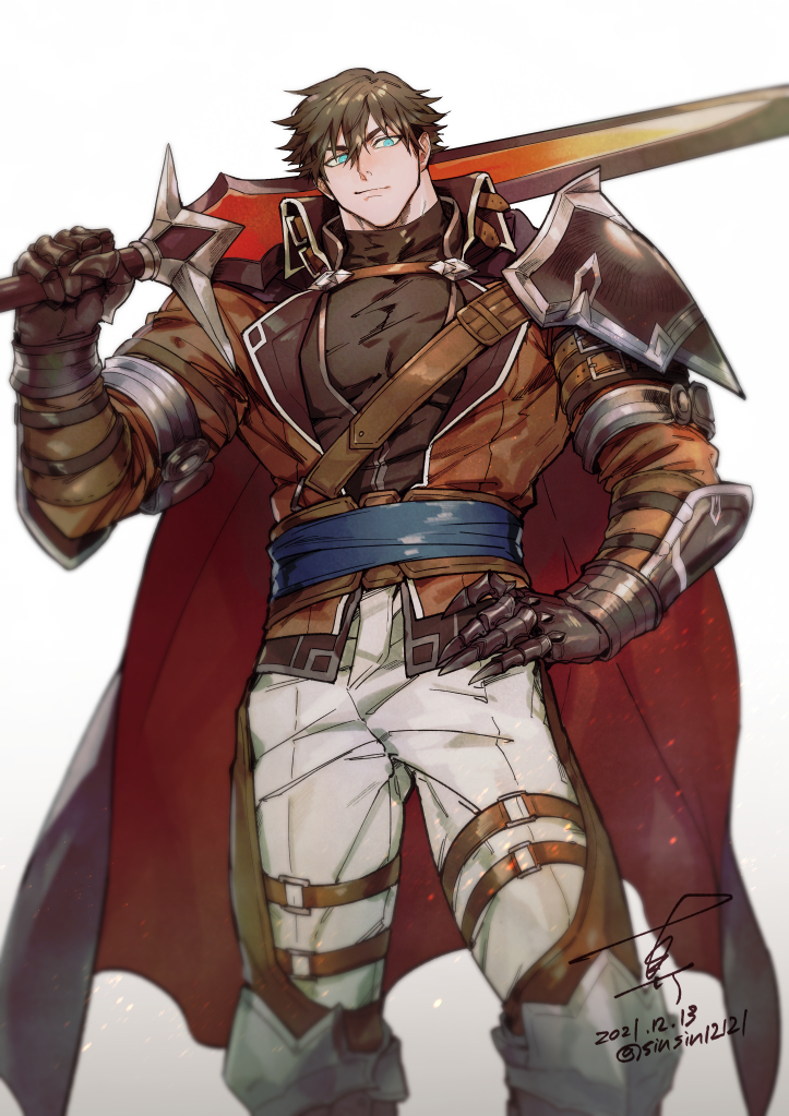 1boy armor belt blue_eyes brown_hair brown_jacket cape closed_mouth commission dated gauntlets gradient_background greatsword hair_between_eyes hand_on_own_hip holding holding_sword holding_weapon jacket male_focus muscular muscular_male original over_shoulder pants pectoral_cleavage pectorals shin_(sinsin12121) signature simple_background skeb_commission solo sword twitter_username two-tone_cape weapon weapon_over_shoulder