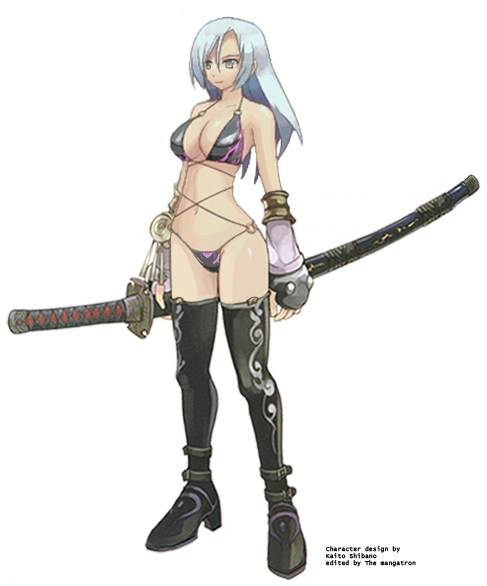 1girl ayano_(luminous_arc) bare_shoulders bikini black_thighhighs boots breasts cleavage detached_sleeves female_focus fingerless_gloves gloves grey_eyes high_heel_boots high_heels hip_focus huge_weapon katana large_breasts long_hair luminous_arc luminous_arc_2 navel official_art sheath shibano_kaito shoes silver_hair simple_background smile solo standing swimsuit sword thigh_boots thighhighs third-party_edit weapon white_background