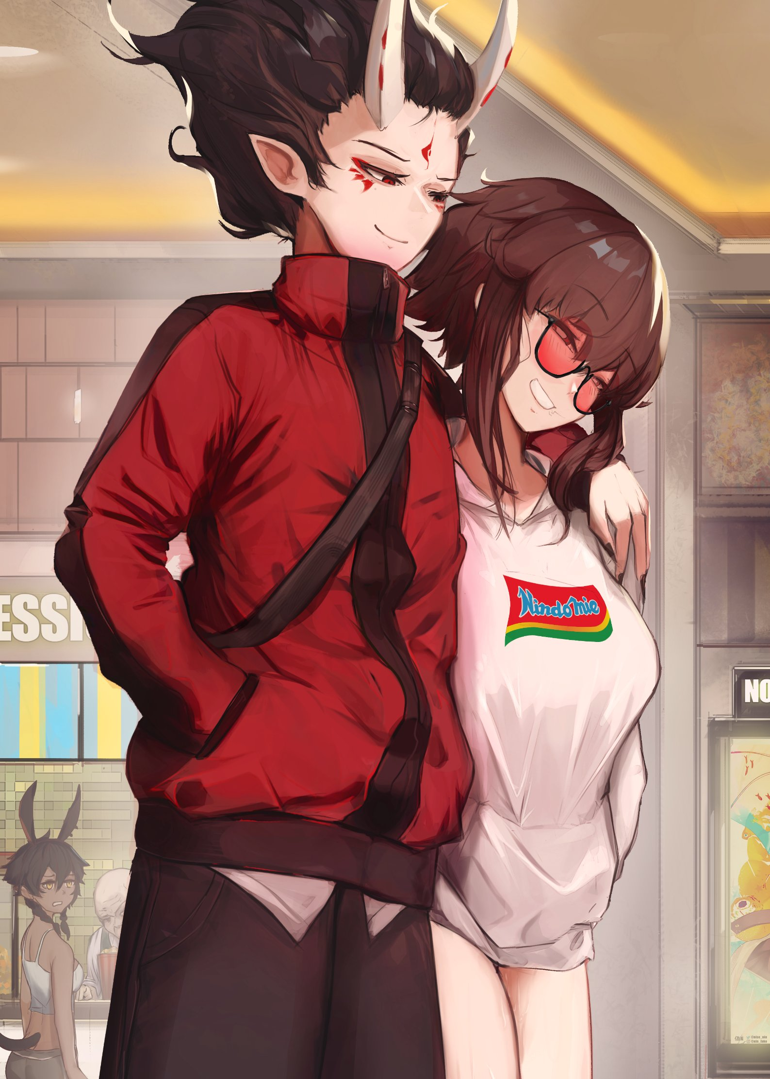 1boy 2girls animal_ears arm_around_shoulder black_hair black_pants borrowed_character bottomless breasts brown_hair closed_eyes dark-skinned_female dark_skin facial_mark glasses grin hand_in_pocket highres hood hoodie horns indomie_(brand) indoors jacket large_breasts liz_(nin_fake) long_sleeves multiple_girls nin_fake original pants pointy_ears rabbit_ears red-tinted_eyewear red_eyes red_jacket short_hair short_hair_with_long_locks smile sunglasses tinted_eyewear