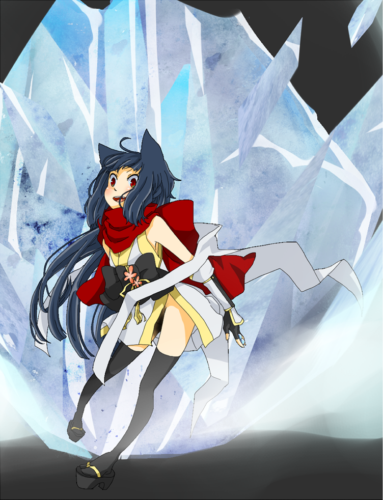 1girl alternate_color animal_ears black_gloves black_hair black_sandals black_sash black_thighhighs blush bow cat_ears cat_girl commentary_request dress fingerless_gloves full_body gloves grey_background ice long_hair looking_at_viewer meiko_(nattu303) ninja ninja_(ragnarok_online) no_panties obi okobo open_mouth platform_sandals ragnarok_online red_eyes red_scarf sandals sash scarf short_dress sleeveless sleeveless_dress smile solo thighhighs vambraces very_long_hair waist_bow white_dress