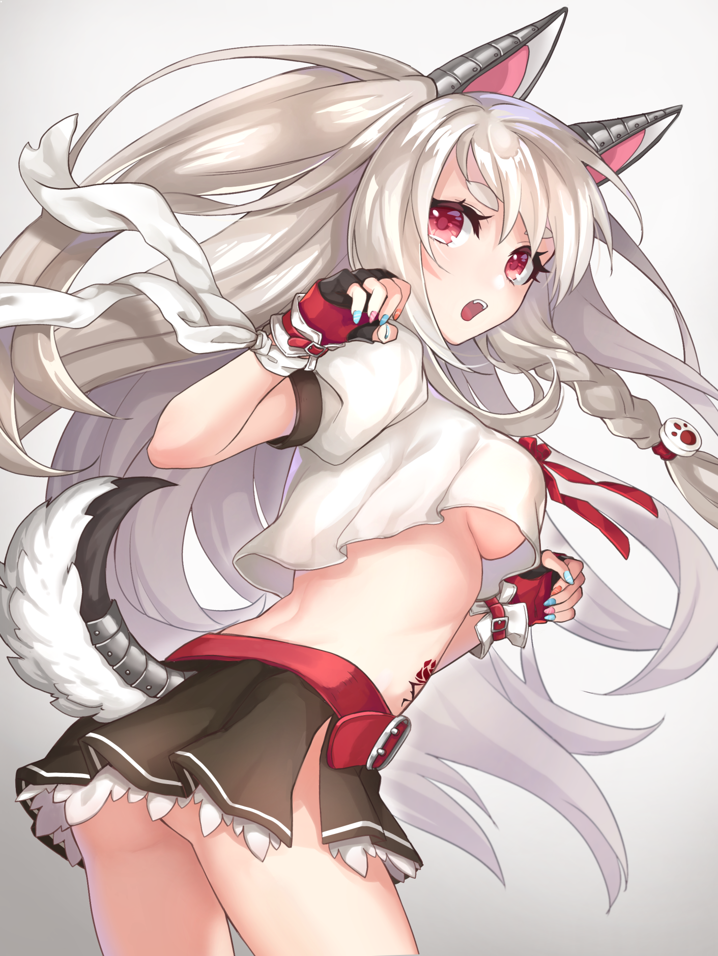 1girl animal_ears ass azur_lane braid breasts claw_pose commentary_request fake_animal_ears fangs female_focus fingerless_gloves fingernails frilled_skirt frills gloves highres kon_(k0n16) long_hair looking_at_viewer midriff multicolored_nails nail_polish one_side_up open_mouth paw_hair_ornament pleated_skirt red_eyes school_uniform serafuku silver_hair single_braid skirt solo tail tattoo underboob wolf_tail yuudachi_(azur_lane)