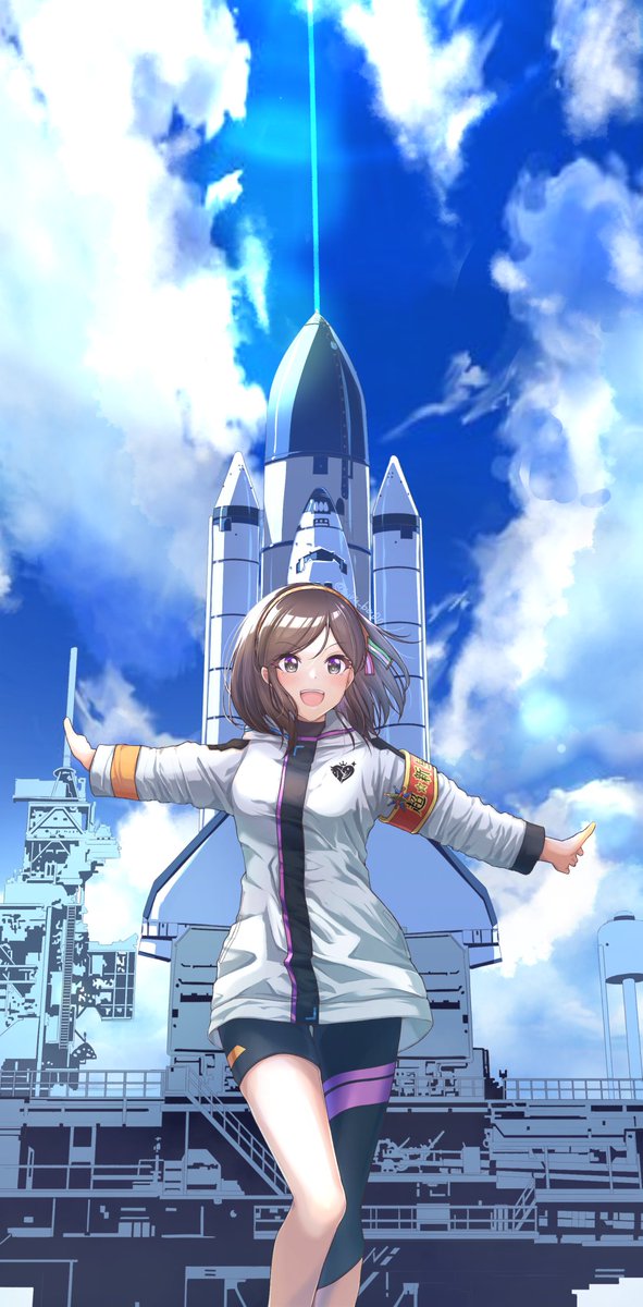 1girl armband asymmetrical_legwear black_eyes black_hair black_leggings blue_sky blush breasts cloud coat commentary_request day eyelashes hairband highres idolmaster idolmaster_cinderella_girls kagin_(kagou_shita_nanika) launch_pad leggings legs long_sleeves looking_at_viewer medium_breasts medium_hair open_mouth outdoors outstretched_arms saejima_kiyomi sidelocks sky smile solo space_shuttle spacecraft standing teeth thighs upper_teeth_only white_coat yellow_hairband