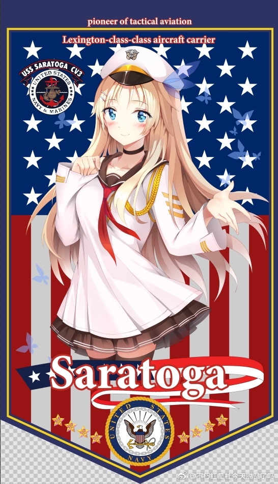1girl american_flag black_thighhighs blonde_hair blue_eyes blush breasts brown_skirt buxiuhongxingshe_jintiantuopinlema character_name choker cowboy_shot english_text flag_background hat long_hair long_sleeves looking_at_viewer parted_bangs peaked_cap pleated_skirt saratoga_(warship_girls_r) school_uniform skirt smile solo standing thighhighs united_states warship_girls_r watermark weibo_watermark zettai_ryouiki