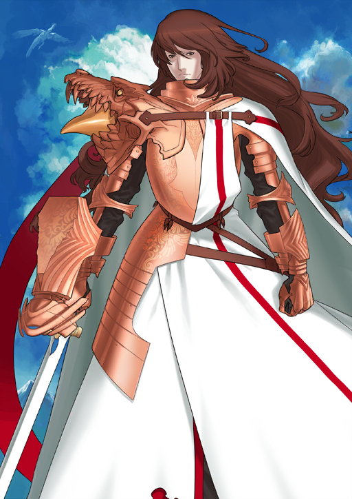 1boy armor arms_at_sides ascalon_(fate) blue_background blue_sky breastplate brown_eyes brown_hair cape chuuou_higashiguchi closed_mouth cloud dragon fate/grand_order fate_(series) faulds feet_out_of_frame gauntlets georgios_(fate) gorget holding holding_sword holding_weapon long_hair looking_at_viewer male_focus official_art orange_armor robe sky solo standing sword third-party_source weapon white_cape white_robe