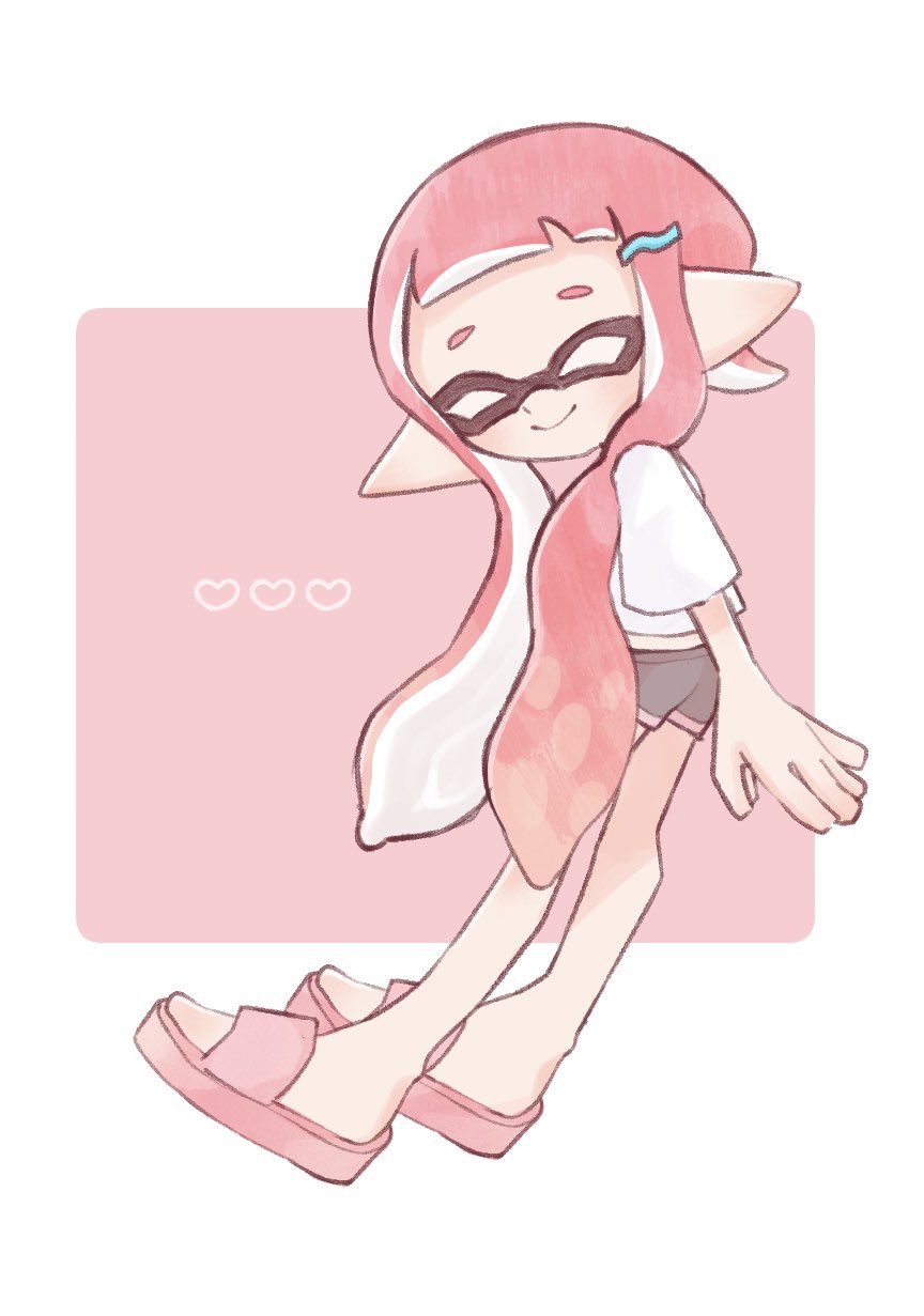 1girl black_shorts closed_eyes closed_mouth commentary dolphin_shorts hair_ornament hairclip heart highres inkling inkling_girl inkling_player_character kuon_gtoma long_hair nintendo pink_hair pink_slippers pointy_ears shirt shorts slippers smile solo splatoon_(series) splatoon_3 symbol-only_commentary tentacle_hair white_shirt