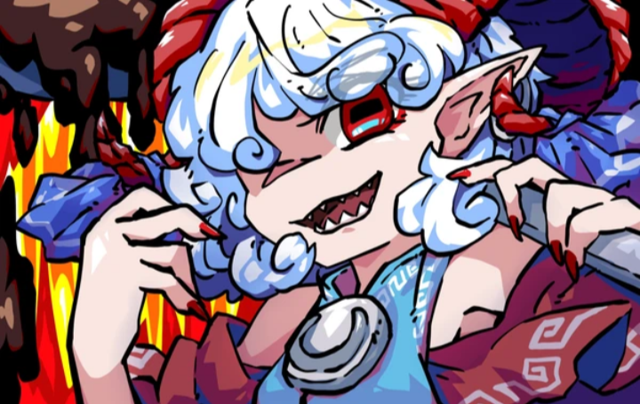 armpits blue_dress collar curled_horns curly_hair dress fire giant_spoon goat_horns holding holding_spoon holding_weapon horns lana151 metal_collar nail_polish oil one_eye_closed orange_background pointy_ears red_eyes red_horns red_sleeves ribbon short_hair short_sleeves spoon tagme touhou sunken_fossil_world toutetsu_yuuma weapon white_hair