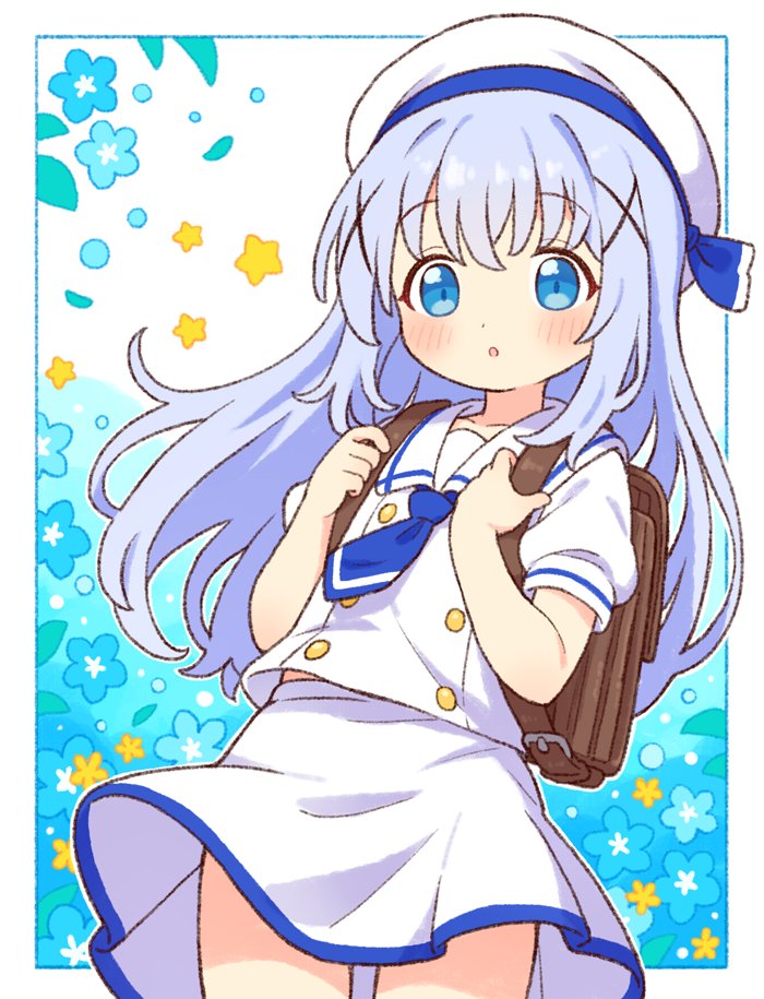 1girl backpack bag blue_eyes blue_hair blue_necktie brown_bag child flat_chest gochuumon_wa_usagi_desu_ka? hair_ornament hat kafuu_chino long_hair looking_at_viewer necktie onyhakase open_mouth school_uniform shirt skirt solo white_hat white_shirt white_skirt x_hair_ornament