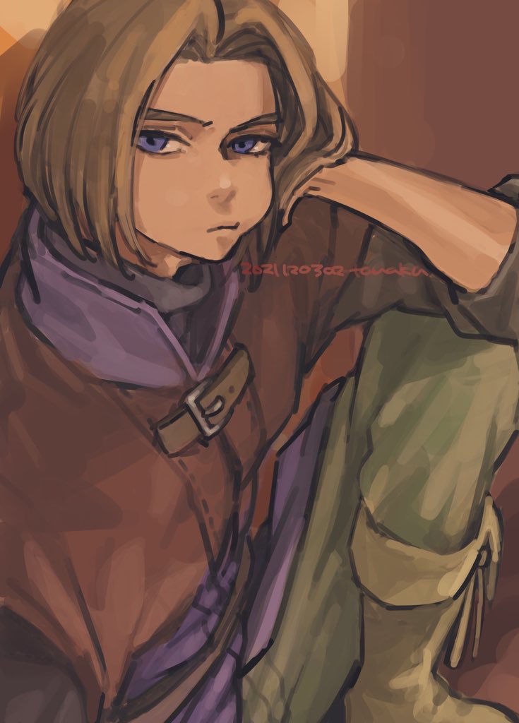 1boy black_shirt blue_eyes boots brown_hair brown_tunic closed_mouth commentary_request dated dragon_quest dragon_quest_xi from_above green_boots green_pants hand_in_own_hair hero_(dq11) hotaru1012 knee_up looking_at_viewer looking_to_the_side male_focus medium_hair pants parted_hair puffy_cheeks purple_tunic shirt sleeves_rolled_up solo tunic