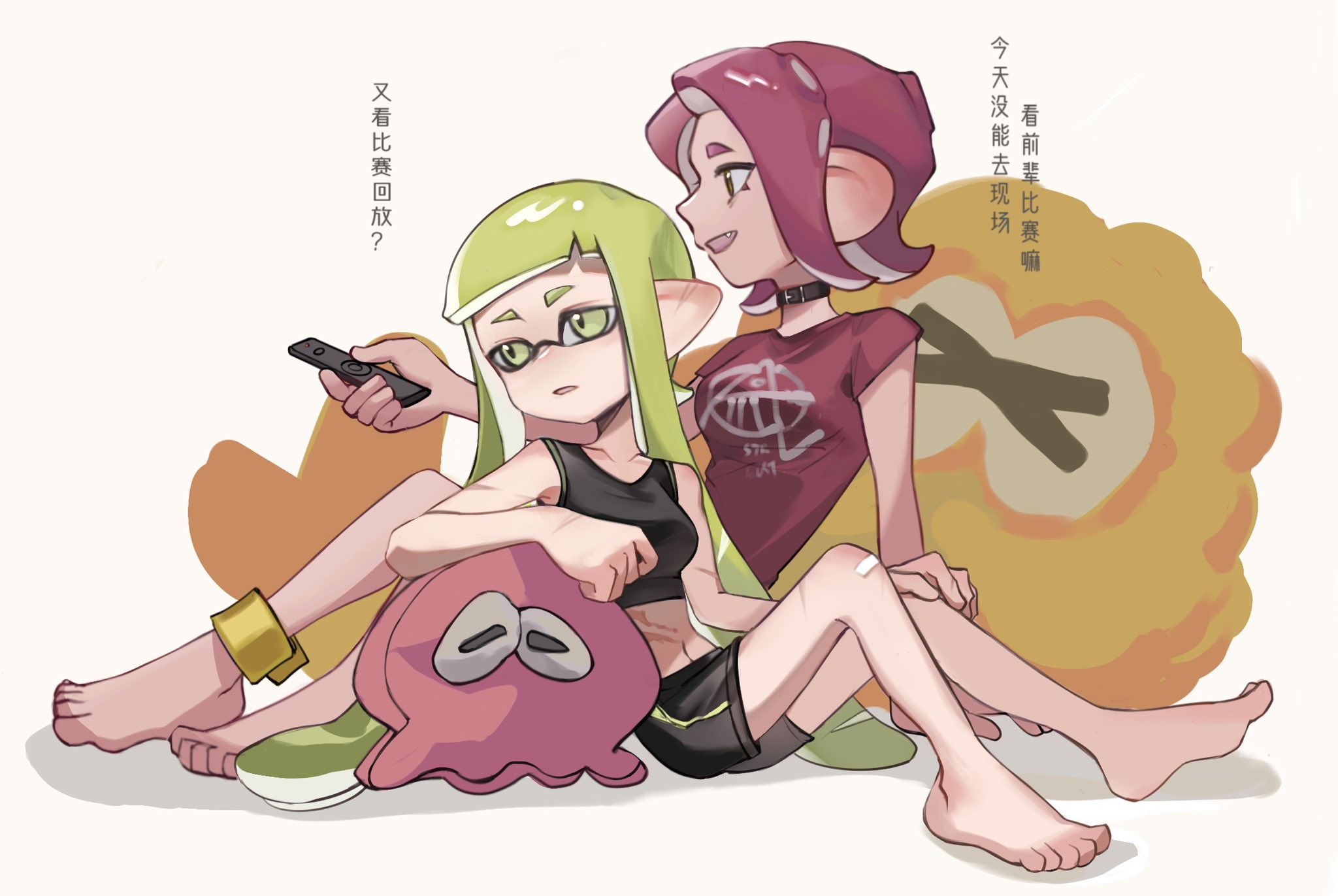 2girls :d agent_3_(splatoon) agent_8_(splatoon) bandage_on_knee barefoot belt_collar black_collar black_shorts black_sports_bra breasts chinese_commentary chinese_text collar collarbone controller fang feiguasang green_eyes green_hair hand_on_own_knee highres holding holding_remote_control inkling inkling_girl inkling_player_character long_hair medium_breasts multiple_girls navel nintendo octoling octoling_girl octoling_player_character open_mouth pink_hair pointy_ears red_shirt remote_control scar scar_on_arm scar_on_ear scar_on_hand scar_on_leg scar_on_stomach shadow shirt short_hair short_sleeves shorts sideways_mouth simple_background sitting smile splatoon_(series) sports_bra stuffed_squid stuffed_toy suction_cups tentacle_hair translation_request white_background yellow_eyes