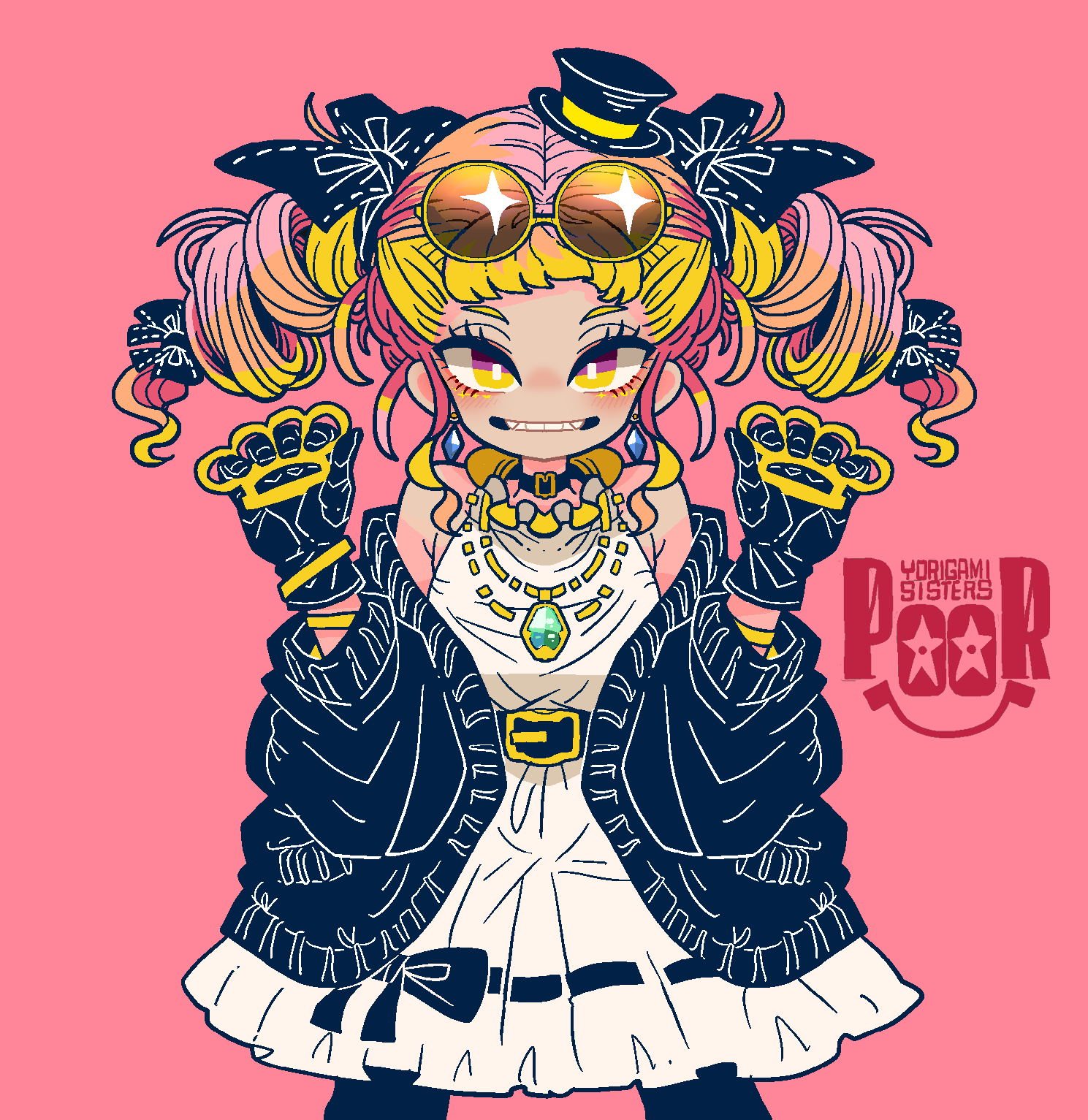 1girl bare_shoulders belt black_collar brass_knuckles collar dress drill_hair earrings english_text eyelashes fangs gloves hat highres jacket jewelry mini_hat mini_top_hat necklace pink_background ribbon simple_background smile solo sunglasses top_hat touhou weapon yorigami_jo&#039;on yt_(wai-tei)