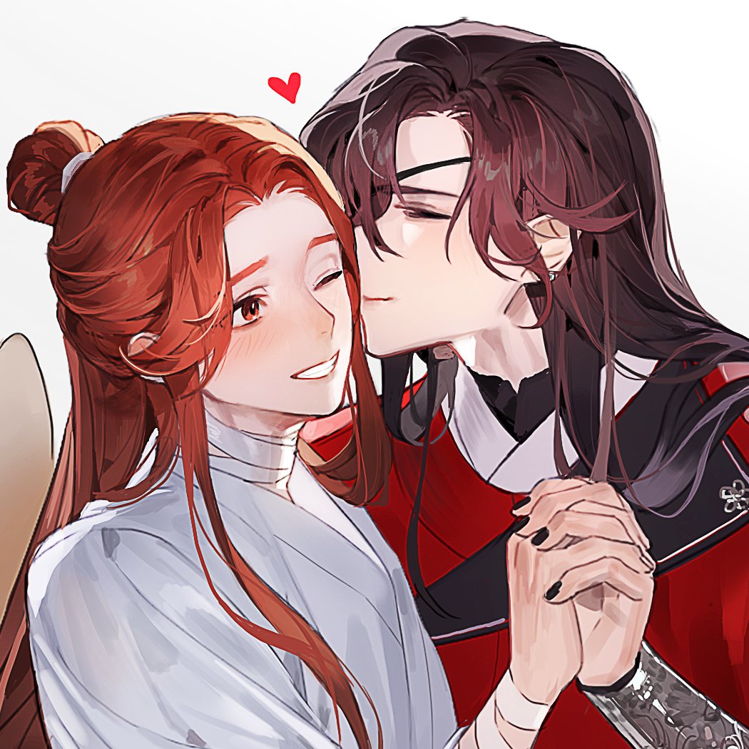 2boys bandaged_arm bandaged_neck bandages black_hair black_nails blush brown_eyes brown_hair chinese_clothes closed_mouth eyepatch grin guavaguava hair_bun hanfu hat heart holding_hands hua_cheng kiss kissing_cheek long_hair long_sleeves looking_at_another male_focus multiple_boys one_eye_closed red_hanfu simple_background smile tianguan_cifu unworn_hat unworn_headwear upper_body white_background white_hanfu xie_lian yaoi yuanlingpao