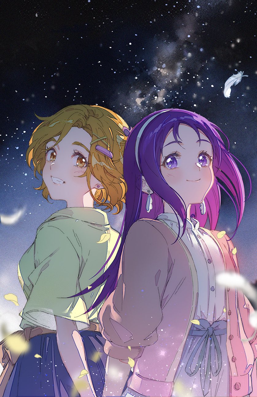 2girls belt brown_hair closed_mouth commentary_request cropped_jacket earrings feathers futari_wa_precure_splash_star green_jacket hairband highres hoshi_(xingspresent) hyuuga_saki jacket jewelry kibou_no_chikara_otona_precure_&#039;23 long_hair looking_back mishou_mai multiple_girls night night_sky precure purple_eyes purple_hair short_hair sky smile star_(sky) starry_sky upper_body white_wings wings