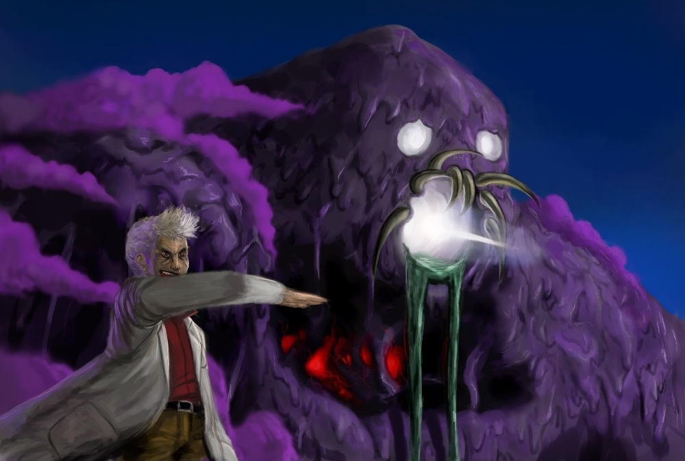 1980s_(style) cosmo_(465lilia) creatures_(company) game_freak gas gen_1_pokemon kaze_no_tani_no_nausicaa male_focus muk nintendo oldschool parody pokemon pokemon_(creature) retro_artstyle samuel_oak white_hair