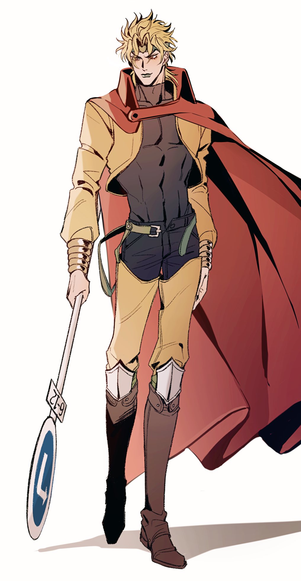 1boy adapted_costume black_nails blonde_hair boots bracelet cape closed_mouth commentary_request dio_brando full_body green_lips hako_iix07 headband highres holding jacket jewelry jojo_no_kimyou_na_bouken long_hair long_sleeves pants road_sign shadow sign smile solo stardust_crusaders toned white_background yellow_jacket yellow_pants