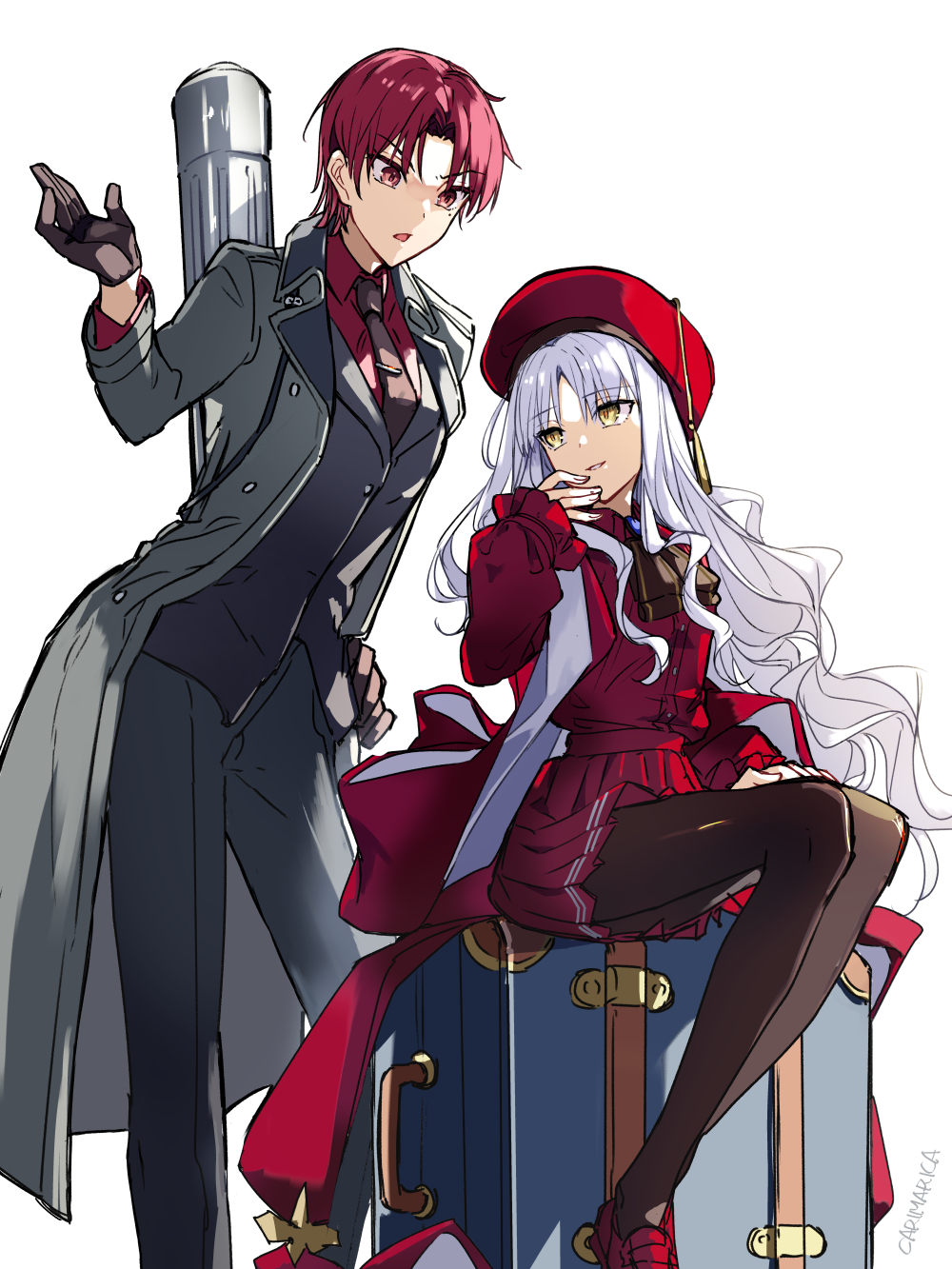 2girls bazett_fraga_mcremitz beret black_gloves black_necktie black_pantyhose black_suit breasts brooch caren_hortensia caren_hortensia_(amor_caren) caren_hortensia_(amor_caren)_(second_ascension) carimarica coat collared_shirt dress fate/grand_order fate_(series) formal_clothes gloves grey_coat hat highres jacket jewelry long_hair long_sleeves looking_at_viewer manannan_mac_lir_(fate) manannan_mac_lir_(first_ascension)_(fate) medium_breasts mole mole_under_eye multiple_girls neck_ribbon necktie pantyhose parted_bangs red_dress red_eyes red_hair red_hat red_shirt ribbon shawl shirt short_hair shroud_of_magdalene simple_background small_breasts smile suit thighs wavy_hair white_background white_hair yellow_eyes