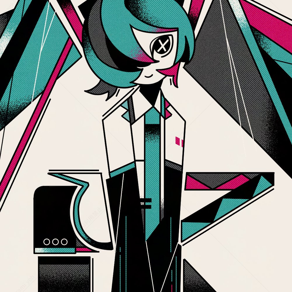 1girl abstract aqua_necktie black_sleeves closed_mouth collared_shirt detached_sleeves hair_over_one_eye hatsune_miku limited_palette long_hair looking_at_viewer machigami_yoh multicolored_hair necktie shirt smile solo streaked_hair twintails upper_body vocaloid white_background