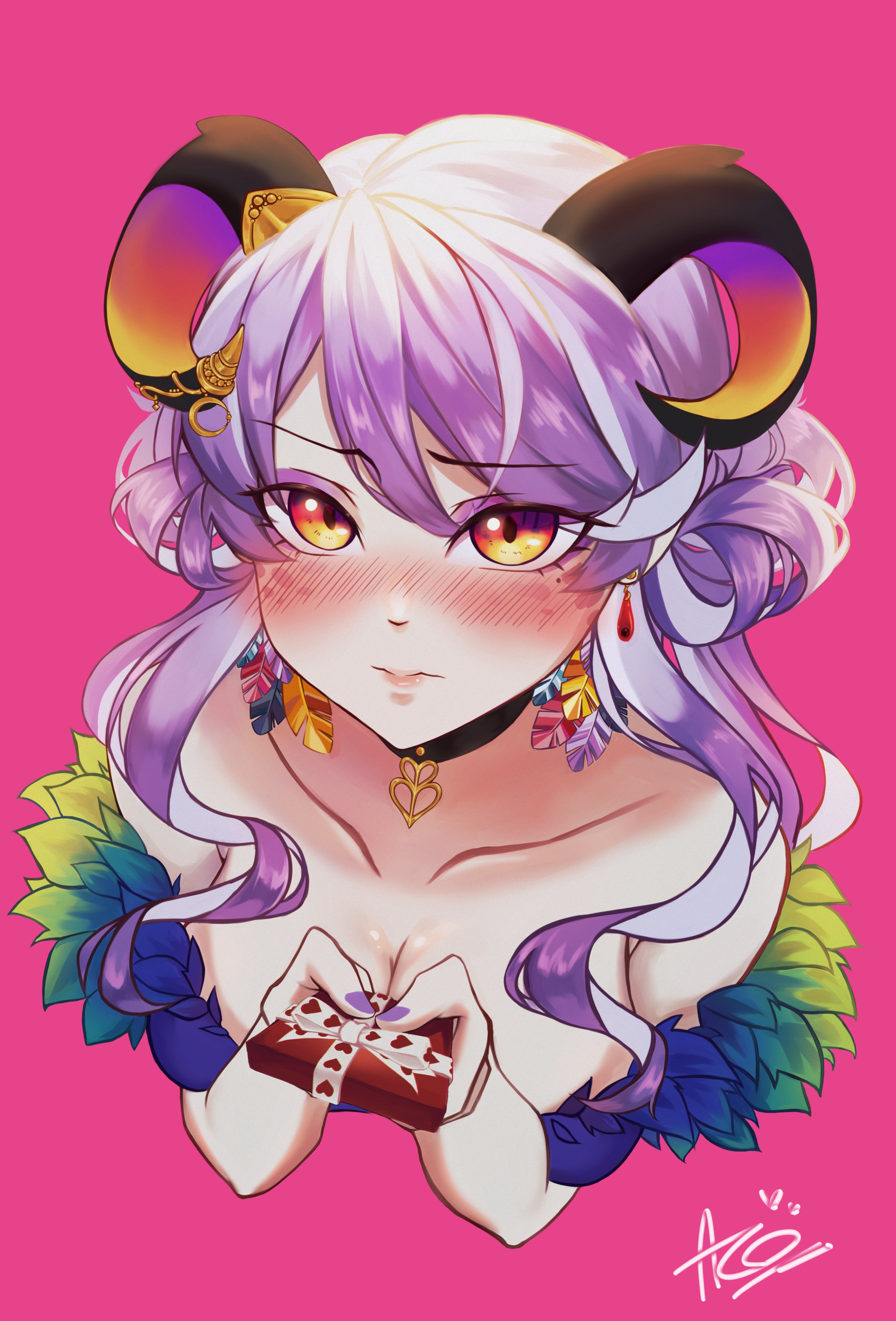 1girl 2024 absurdres aconite_id artist_name birdieboba blush breasts cleavage earrings feathers gift highres horns indie_virtual_youtuber jewelry large_breasts purple_hair purple_nail_polish solo tengu valentine virtual_youtuber yellow_eyes
