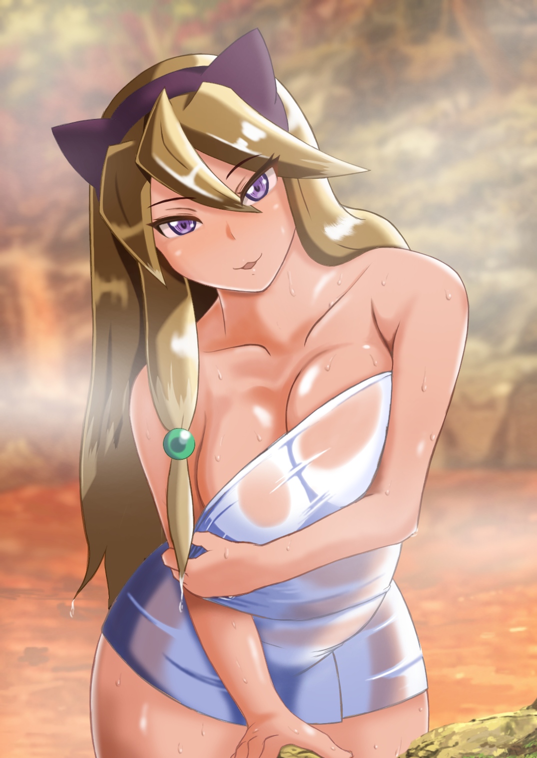 1girl animal_ears aq_interactive arcana_heart artist_request bare_shoulders breasts brown_hair cleavage collarbone curvy examu hair_bobbles hair_ornament hairband highres inuwaka_akane large_breasts long_hair looking_at_viewer multicolored_hair naked_towel onsen purple_eyes pursed_lips see-through_clothes thick_thighs thighs towel water wet wet_towel