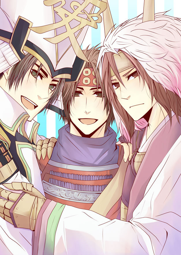 armor headband helmet ishida_mitsunari japanese_clothes kimono male_focus naoe_kanetsugu sanada_yukimura_(sengoku_musou) sengoku_musou smile