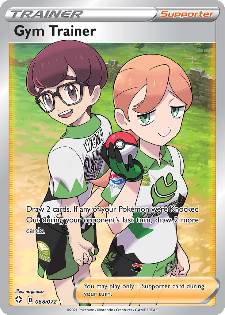 1boy 1girl arms_behind_back artist_name black-framed_eyewear brown_eyes brown_hair card_(medium) character_name closed_mouth collared_shirt company_name copyright_name copyright_notice english_text eyelashes game_freak glasses gloves grass green_eyes gym_challenge_uniform gym_trainer_(pokemon) half-closed_eyes hand_on_own_wrist holding holding_poke_ball long_hair nagimiso nintendo official_art open_mouth orange_hair poke_ball poke_ball_(basic) pokemon pokemon_card pokemon_swsh pokemon_tcg ponytail shirt short_hair short_sleeves shorts single_glove smile standing stone_wall teeth third-party_source trading_card upper_teeth_only