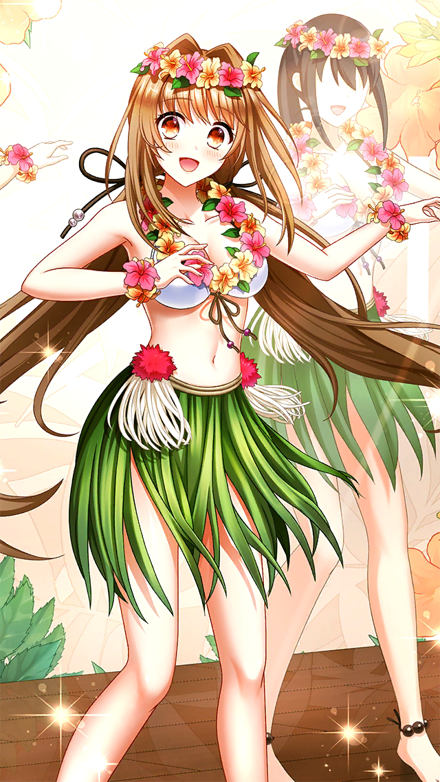 1girl :d anklet bare_arms bare_legs bikini bikini_top_only black_ribbon blush brown_eyes brown_hair dancing doukyuusei_(series) doukyuusei_another_world floating_hair flower front-tie_bikini_top front-tie_top game_cg green_skirt hair_flower hair_intakes hair_ornament head_wreath hibiscus jewelry kakyuusei_(series) kakyuusei_2 leaf_skirt long_hair looking_at_viewer miniskirt official_art open_mouth pink_flower ribbon saimon_tamaki skirt smile solo_focus swimsuit very_long_hair white_bikini yellow_flower
