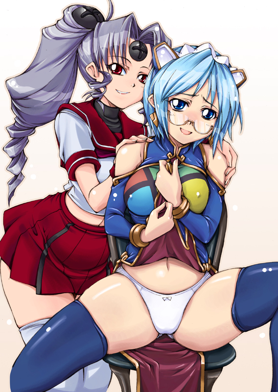 2girls 2k-tan ayamo_kaoru blue_eyes blue_hair breasts china_dress chinese_clothes clothes_lift covered_erect_nipples dark-skinned_female dark_skin dress dress_lift drill_hair glasses large_breasts latex multiple_girls os-tan panties red_eyes school_uniform silver_hair skirt spread_legs thighhighs thighs underwear vista-tan vistake white_panties zettai_ryouiki
