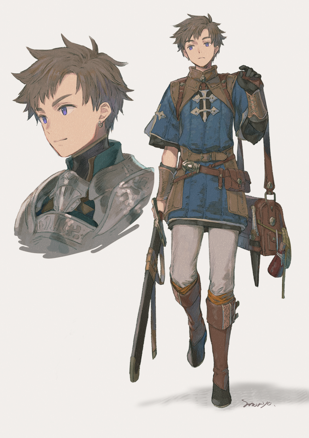 1boy armor artist_name bag belt belt_pouch black_gloves boots bottle breastplate brown_bag brown_boots brown_hair closed_mouth dagger earrings fantasy gloves grey_background highres holding holding_bag holding_sword holding_weapon jewelry knife male_focus moryo original pouch purple_eyes rope sheath sheathed signature simple_background solo sword vambraces walking weapon