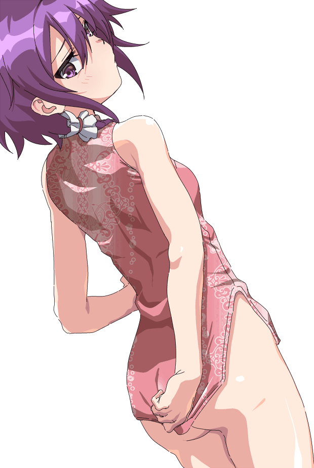 1girl arm_behind_back ass ass_peek assault_lily bare_arms bare_shoulders blush braid breasts china_dress chinese_clothes closed_mouth commentary cowboy_shot dress dress_tug dutch_angle floral_print frilled_hair_tubes frills from_behind gluteal_fold hair_between_eyes hair_over_shoulder hair_tubes hand_up long_hair looking_at_self looking_back looking_down mototenn pink_dress print_dress purple_dress purple_eyes purple_hair short_dress side_slit simple_background sleeveless sleeveless_dress small_breasts solo standing wang_lifen white_background