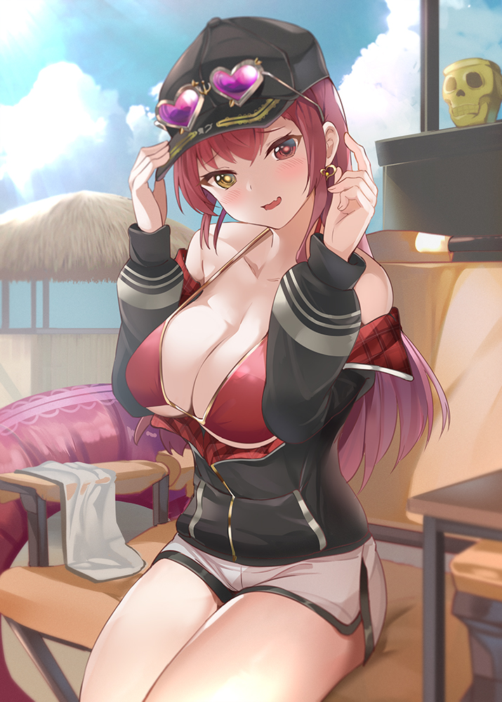 1girl baseball_cap beach_chair black_jacket breasts collarbone dolphin_shorts earrings eyewear_on_head hat heart heart-shaped_eyewear heart_earrings heterochromia hololive houshou_marine houshou_marine_(summer) hut innertube jacket jewelry large_breasts long_hair mujinbensin off_shoulder official_alternate_costume outdoors raised_eyebrows red_eyes red_hair shorts sitting skull_cup solo straight_hair strap_gap sunglasses swim_ring thighs virtual_youtuber yellow_eyes