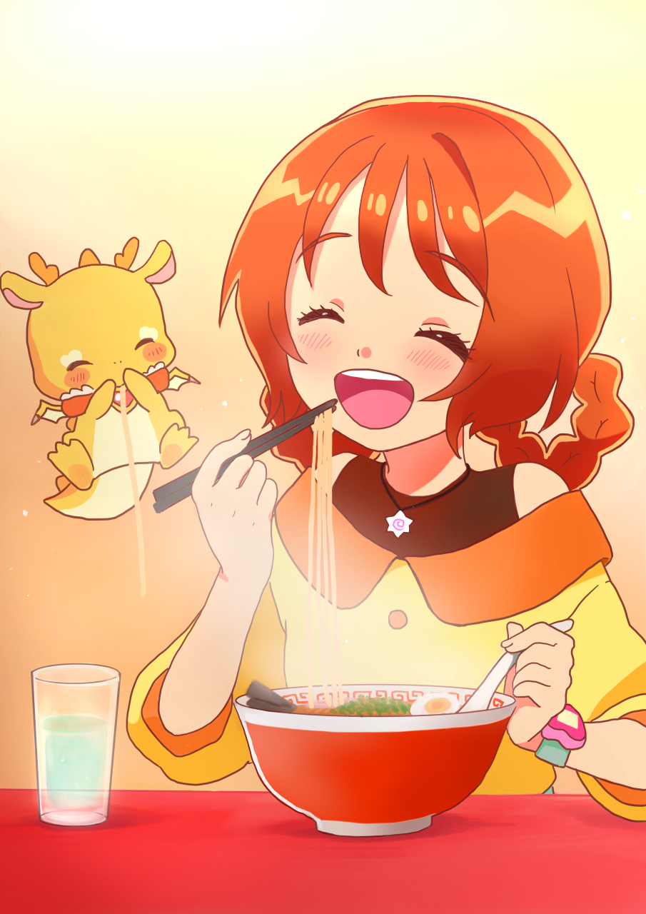 1girl black_undershirt bowl braid brown_hair chopsticks closed_eyes cup delicious_party_precure drinking_glass eating food hair_rings hanamichi_ran highres holding holding_chopsticks holding_spoon jewelry kyanos_(b_0000ff) long_sleeves mem-mem_(precure) necklace noodles off-shoulder_shirt off_shoulder open_mouth precure ramen shirt short_hair sleeveless sleeveless_shirt smile solo spoon twin_braids watch wristwatch yellow_shirt