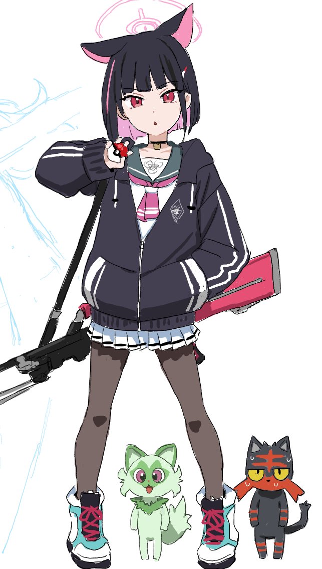 1girl animal_ears black_hair black_pantyhose blue_archive bob_cut bren_lmg cat_ears choker clearite colored_inner_hair gen_7_pokemon gun halo hood hoodie jacket kazusa_(blue_archive) light_machine_gun litten machine_gun multicolored_hair nintendo pantyhose pink_hair pleated_skirt poke_ball pokemon red_eyes school_uniform serafuku simple_background skirt sprigatito two-tone_hair weapon white_background