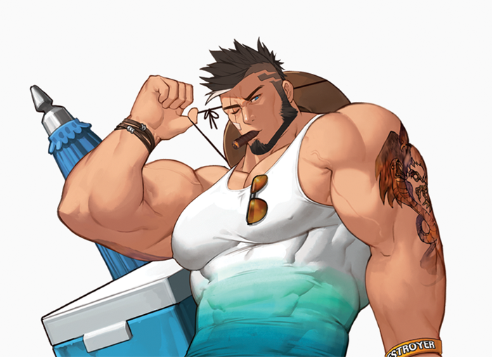 1boy arm_tattoo bandaid bandaid_on_cheek bandaid_on_face bara beard biceps black_hair cigar covered_abs covered_erect_nipples cyphers damian_doyle_(cyphers) dark-skinned_male dark_skin facial_hair from_below gomtang hat large_pectorals looking_at_viewer male_focus mature_male mohawk muscular muscular_male one_eye_closed pectorals shirt short_hair solo straw_hat tank_top tattoo tight_clothes tight_shirt upper_body veins white_tank_top