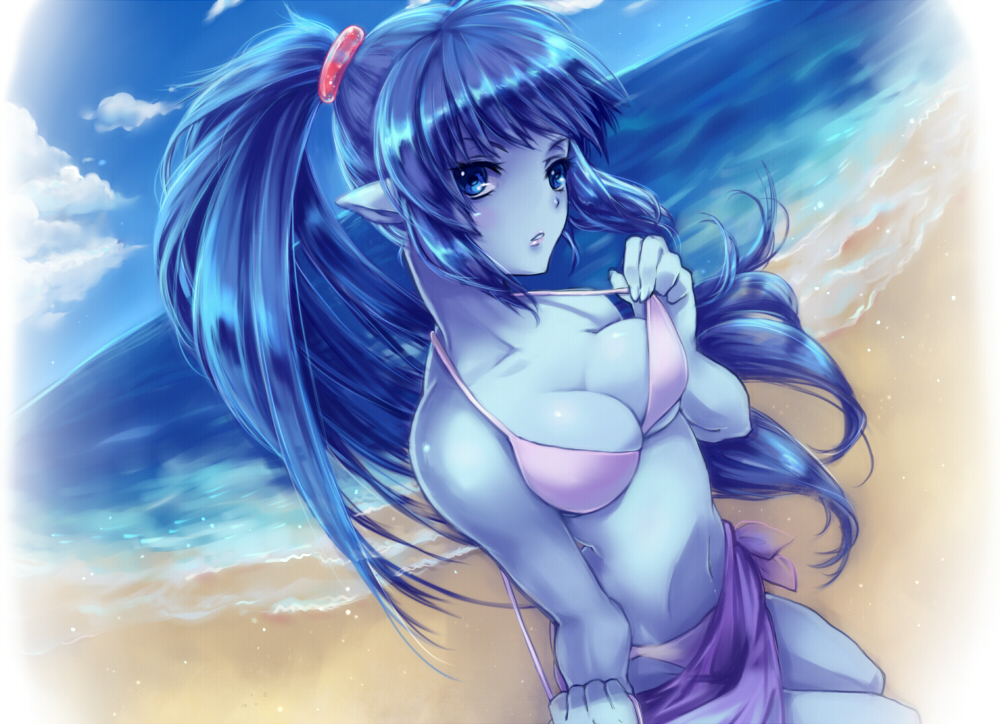 00s 1girl beach bikini blue_eyes blue_hair blue_skin breasts celsius_(tales) cleavage cloud colored_skin day expressionless female_focus high_ponytail long_hair matching_hair/eyes medium_breasts nijigami_rin outdoors pointy_ears ponytail sarong sky solo swimsuit tales_of_(series) tales_of_eternia water white_bikini