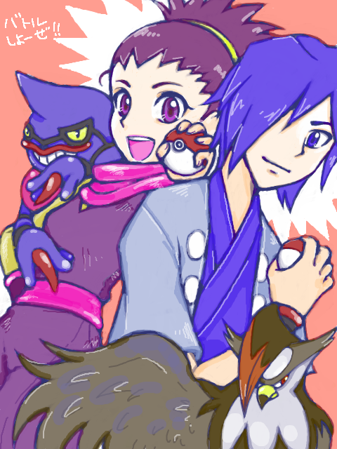 1boy 1girl blue_eyes blue_hair blue_kimono falkner_(pokemon) gen_4_pokemon hair_over_one_eye holding holding_poke_ball janine_(pokemon) japanese_clothes kimono looking_at_viewer nintendo open_mouth pink_background poke_ball poke_ball_(basic) pokemon pokemon_hgss purple_eyes purple_hair purple_scarf scarf smile staraptor toxicroak wings yuh_(250663)