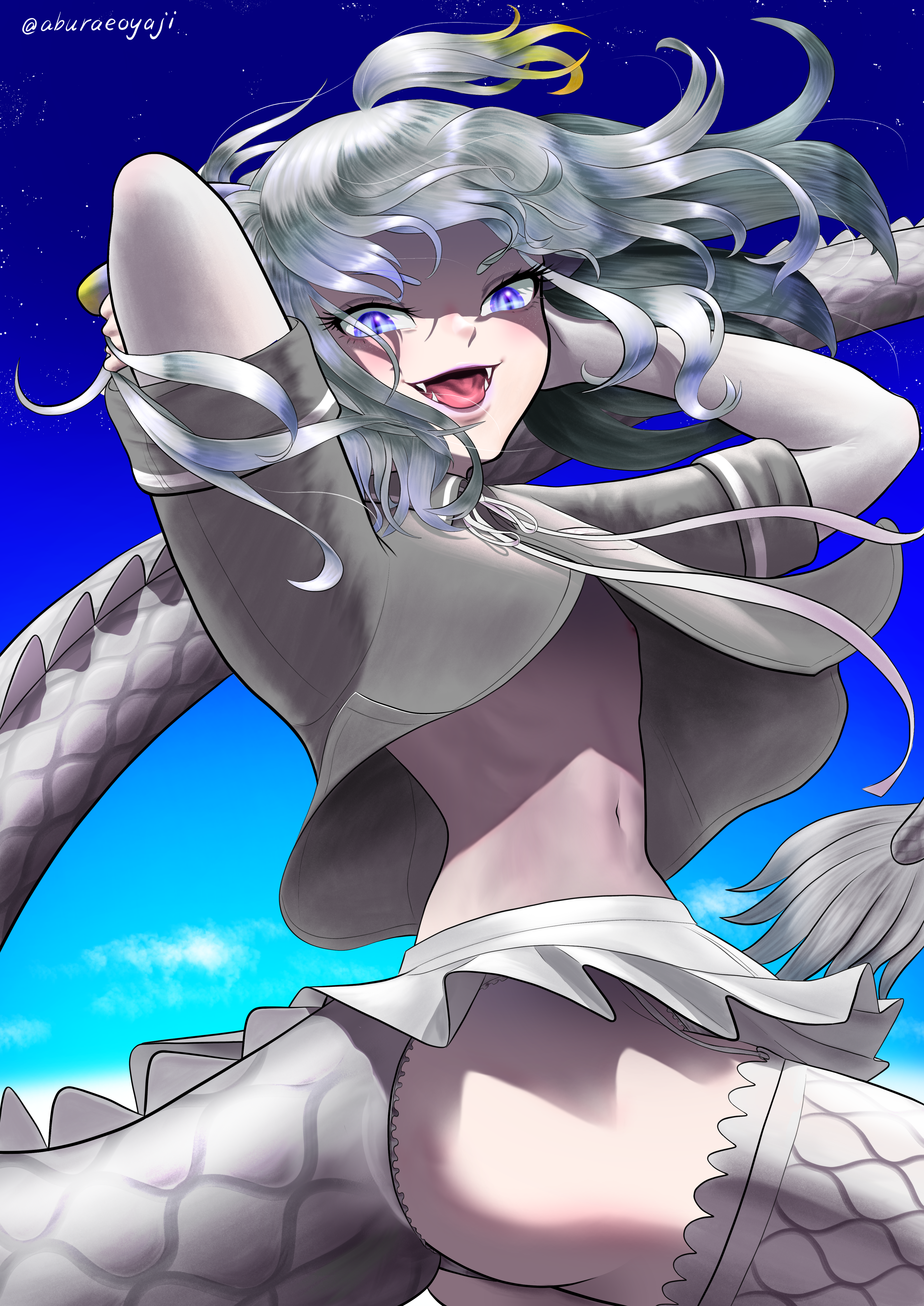 1girl absurdres aburaeoyaji animal_ears ass blush dragon_ears dragon_girl dragon_horns dragon_tail extra_ears fangs fingerless_gloves flat_chest garter_straps gloves highres horns kemono_friends kemono_friends_3 long_hair looking_at_viewer multicolored_hair navel nipples open_mouth shirt skirt smile solo tail thighhighs white_dragon_(kemono_friends) white_hair