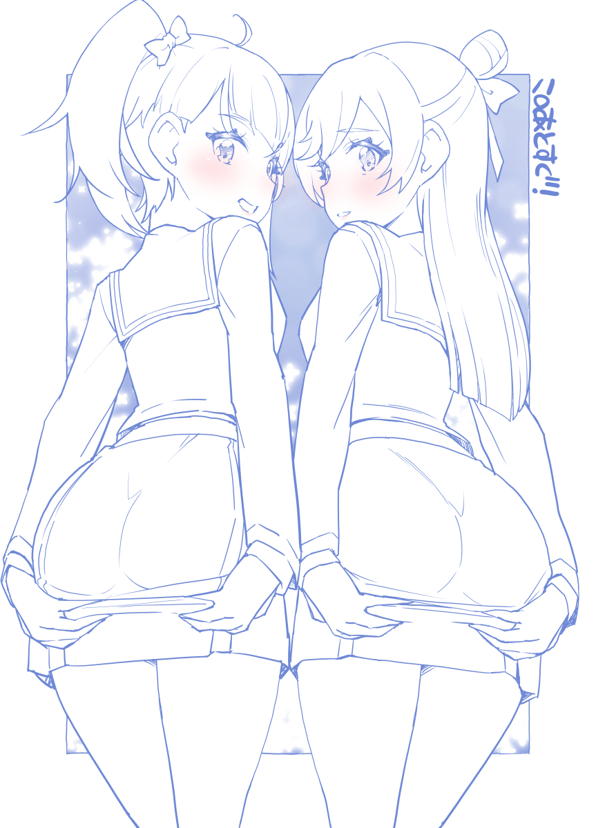 2girls ass blouse blue_theme blush commentary cut_bangs from_behind grabbing_own_ass hair_bun hair_ribbon highres hirogaru_sky!_precure leaning_forward long_sleeves looking_at_viewer looking_back miniskirt miyagoe_yoshitsuki monochrome multiple_girls nijigaoka_mashiro open_mouth parted_lips pleated_skirt precure ribbon sailor_collar school_uniform serafuku shirt side-by-side side_ponytail single_hair_bun skirt smile sora_harewataru sorashido_academy_school_uniform spot_color standing translated