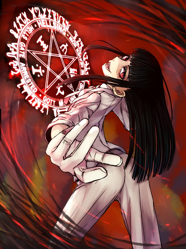 1girl alucard_(hellsing) arched_back ass black_hair commentary_request fangs formal_clothes girlycard gloves hakushi head_tilt hellsing long_hair looking_at_viewer pentagram red_eyes sigil smile solo suit white_suit