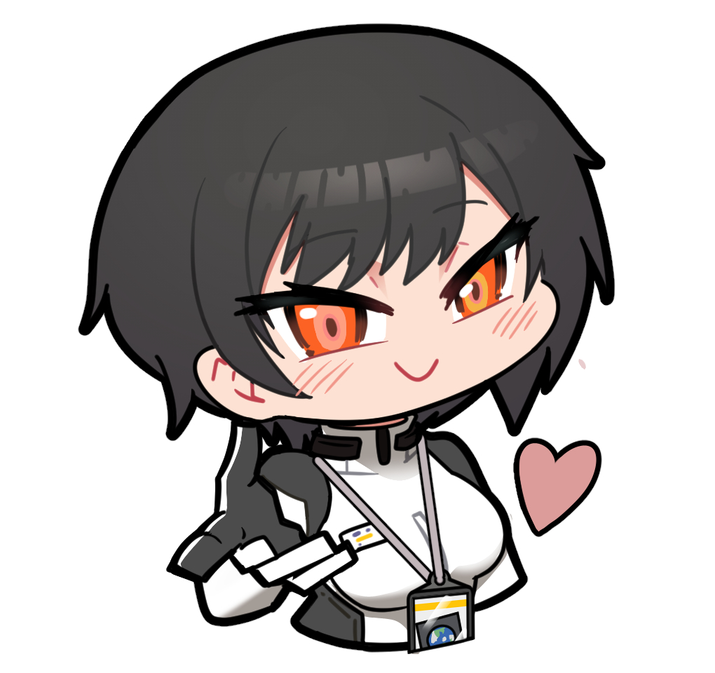 1girl artist_request black_hair blush bodysuit check_artist chibi chibi_only chinese_commentary finger_gun girls&#039;_frontline girls&#039;_frontline_neural_cloud heart madcore official_art red_eyes second-party_source smile solo xinghuan_(neural_cloud)